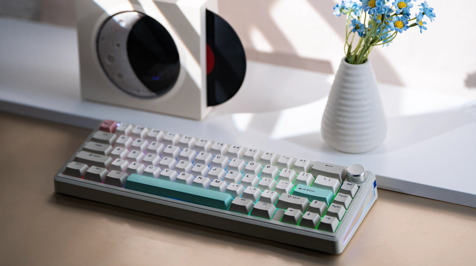 Epomaker TH65 65% mechanical keyboard in white on a desk