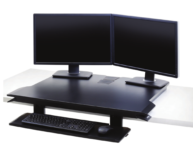 Best standing desk converter example with dual monitors and a separate keyboard tray