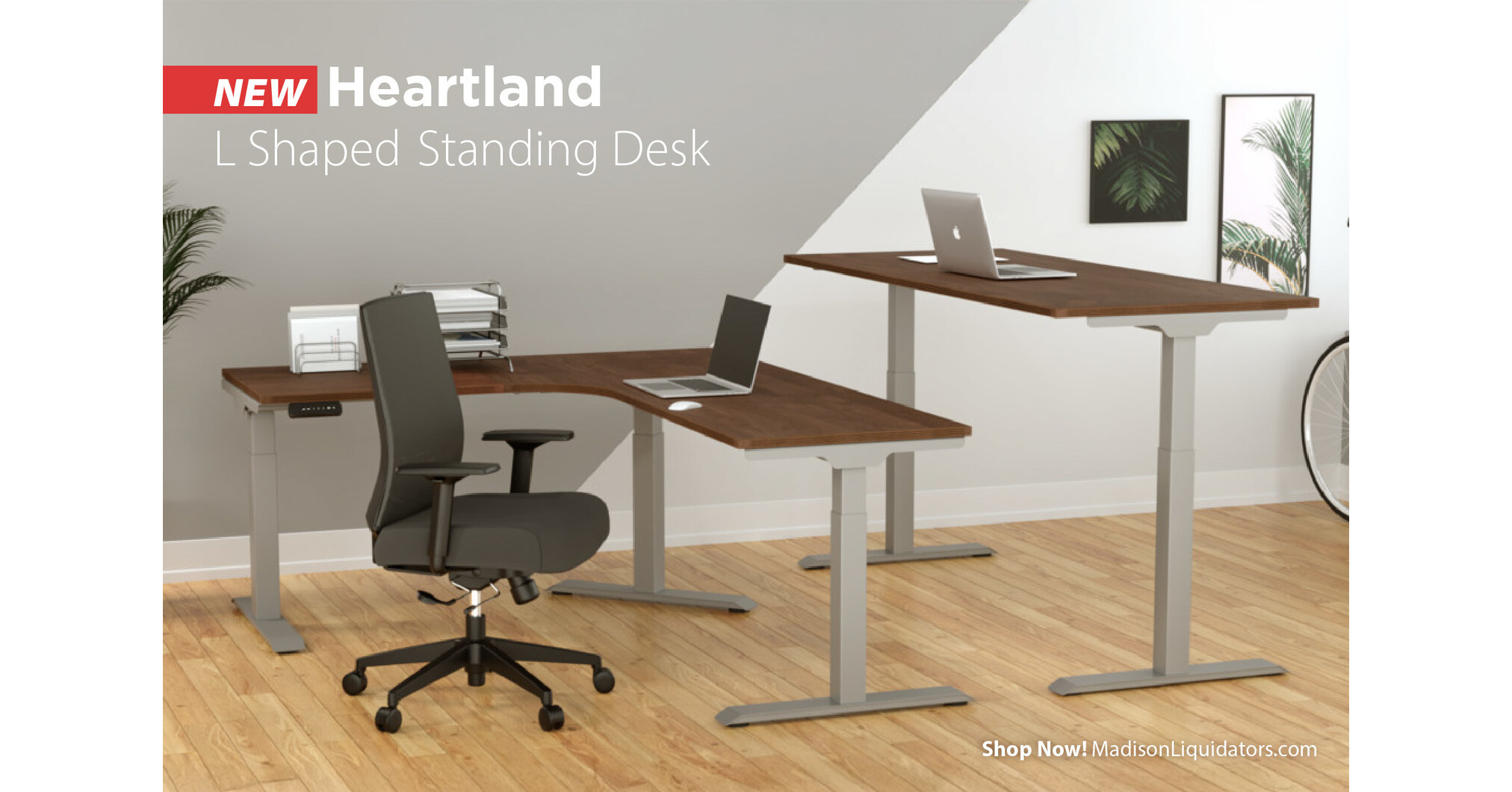 L-shaped standing desk arranged in sitting and standing positions