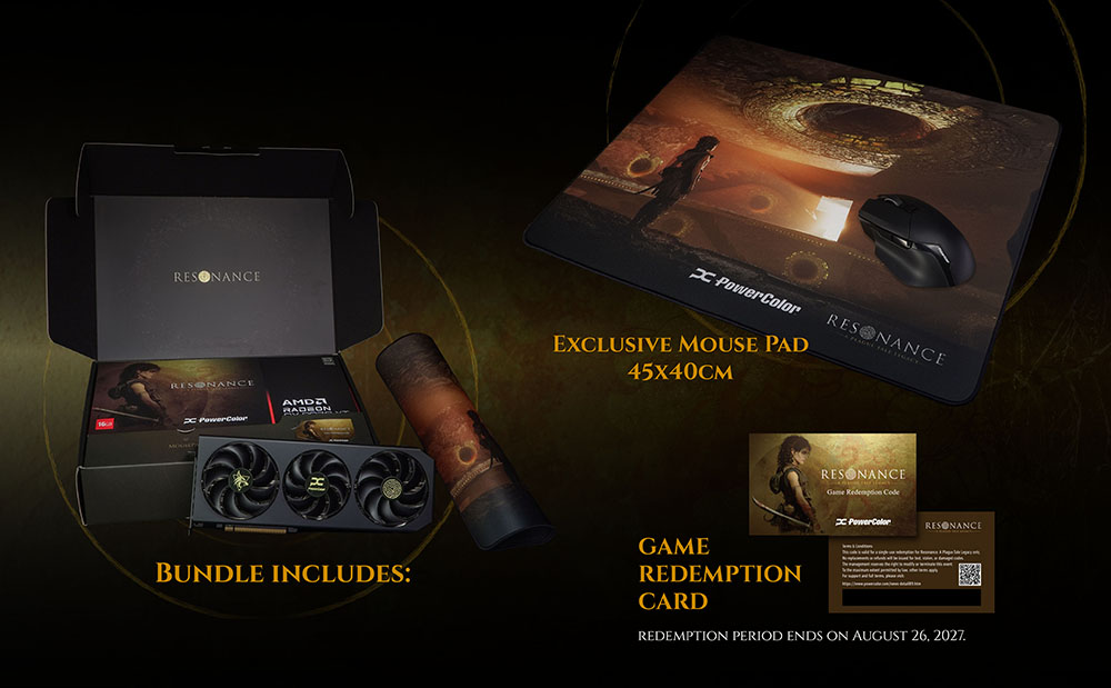 RX 9070 XT Hellhound Resonance Edition card, game code, and themed mousepad