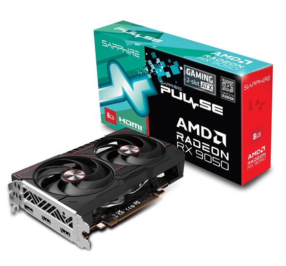 Radeon RX 9050 Sapphire PULSE graphics card and retail box