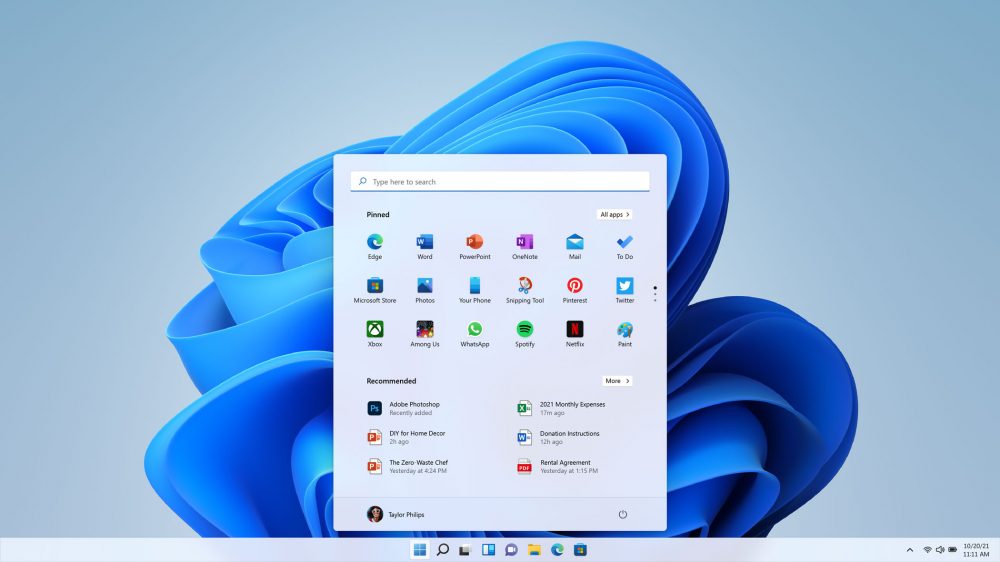 The Windows 11 desktop and Start menu, the operating system where you can reduce RAM usage on Windows 11 with built-in settings