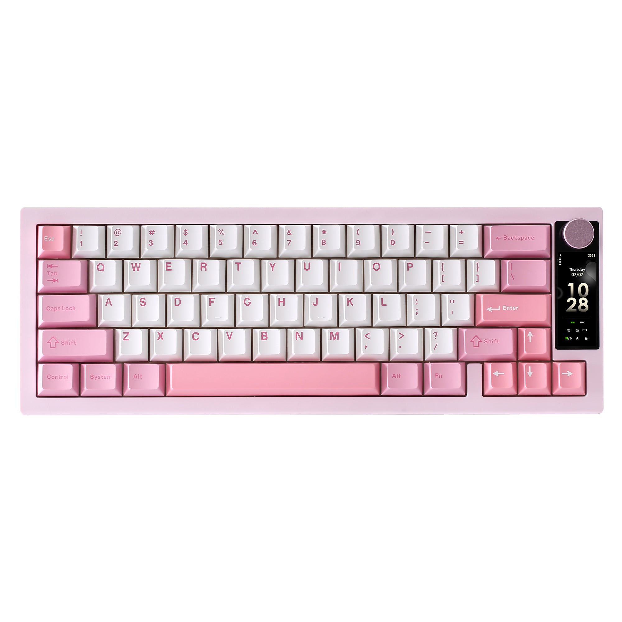 Yunzii IF68 65% wireless mechanical keyboard in pink with its TFT screen and rotary knob