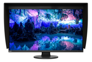 CG3200X professional QD-OLED monitor with its shading hood