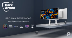 MSI 341QPXW14G flat white QD-OLED monitor for a Mac workspace