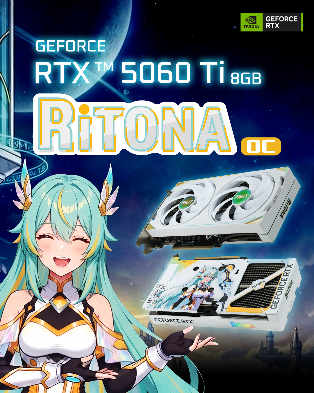 RTX 5060 Ti RiTONA OC white graphics card with RiTONA character artwork