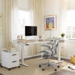 standing desk with drawers in a bright home office