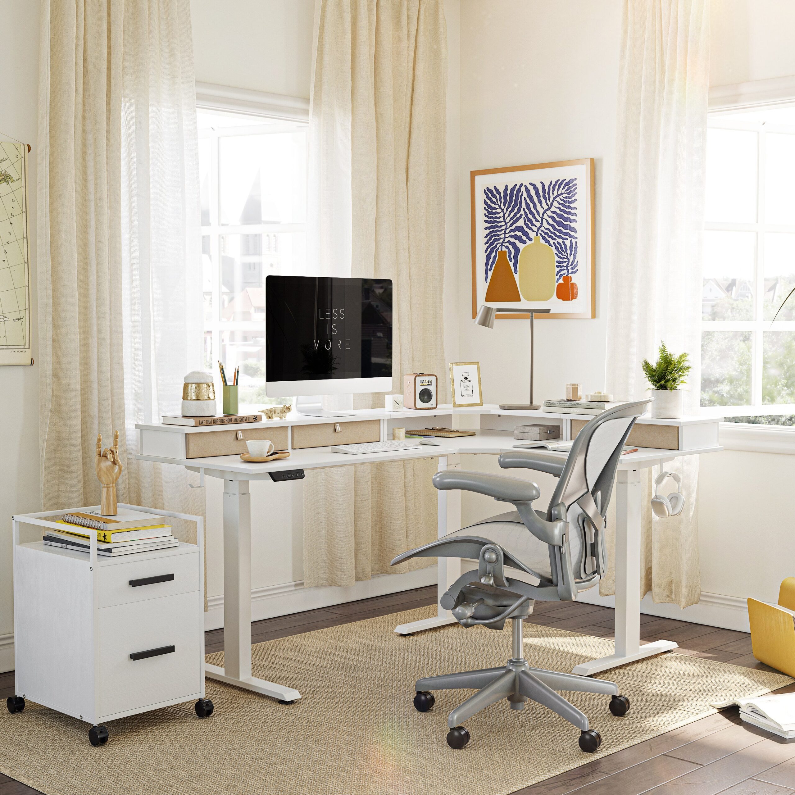 standing desk with drawers in a bright home office
