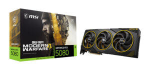 MSI RTX 5080 16G COD MW4 Edition OC graphics card beside its retail box