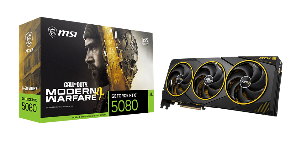 MSI RTX 5080 16G COD MW4 Edition OC graphics card beside its retail box