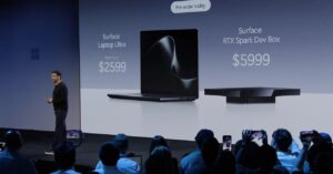 Microsoft slide showing Surface Laptop Ultra starting at $2,599 and Surface RTX Spark Dev Box at $5,999, pre-order today