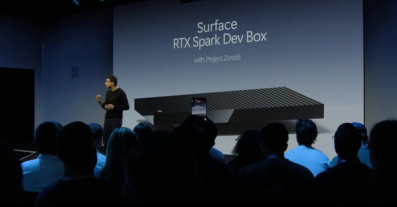 Surface RTX Spark Dev Box with Project Zenith on stage at Microsoft's October 7, 2026 event